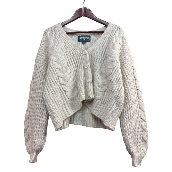 American Eagle Womens Cable Knit Cardigan Sweater S Beige Wool Blend Long Sleeve - Picture 1 of 6